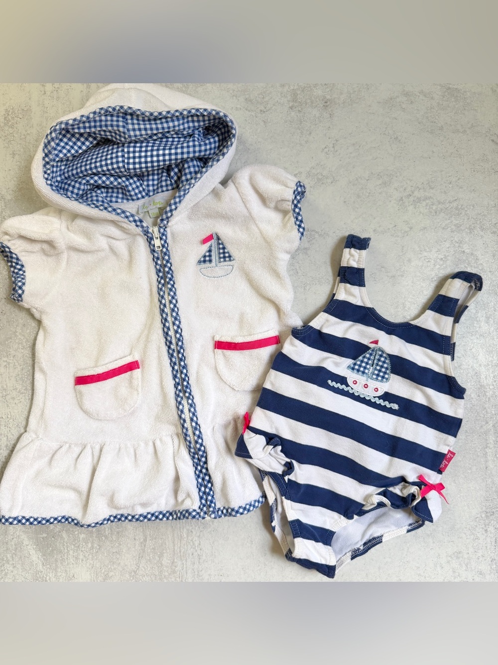 18M⚓️ Le Top Nautical Gingham Sailboat Stripe Swimsuit & Matching Terry Coverup